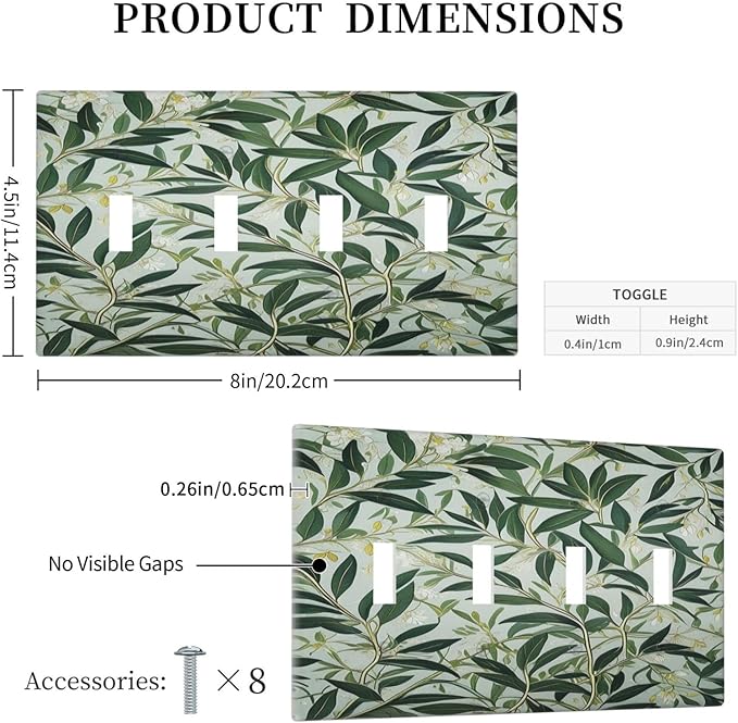 Sage Eucalyptus Leaves Foliage Light Switch Covers Quad Toggle 4 Gang Wall Plate Decorative Switchplate Electrical Faceplate for Farmhouse Bathroom Living Decor