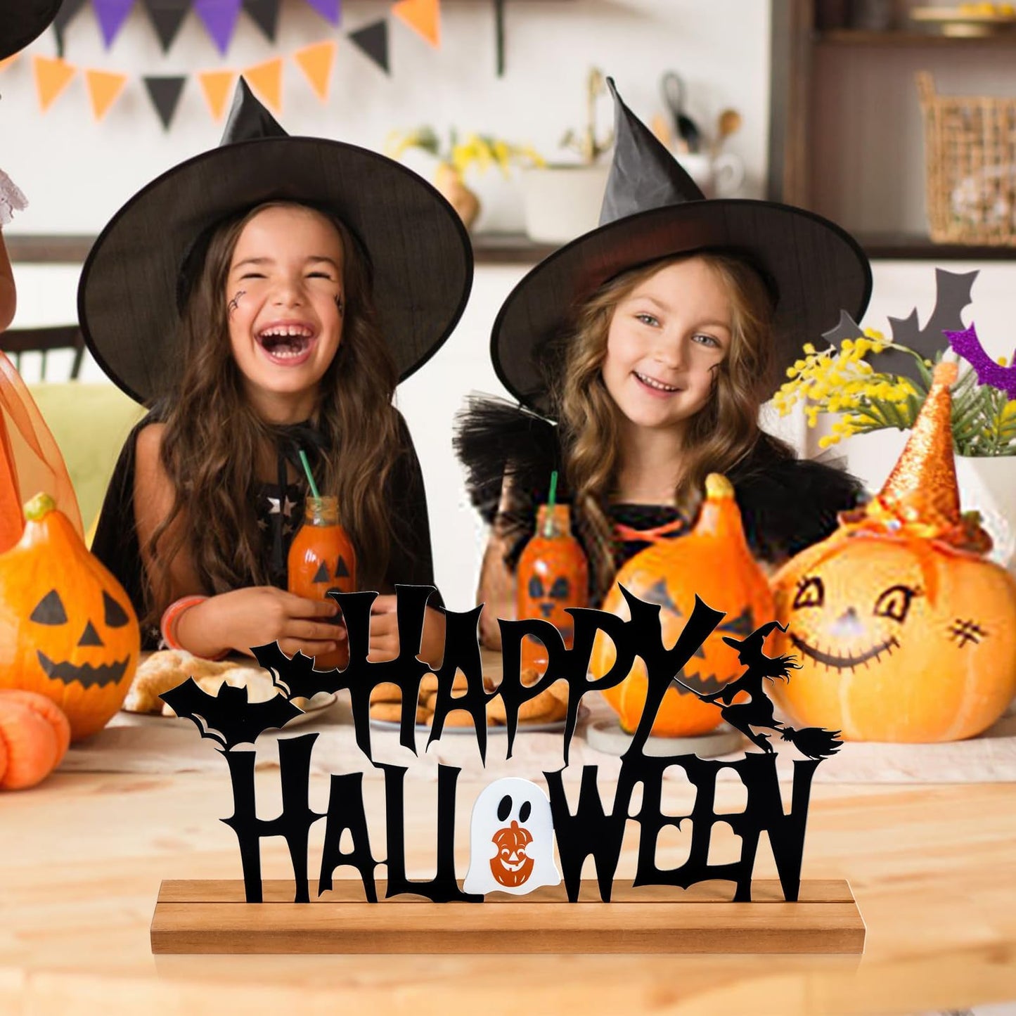 Metal Happy Halloween Sign Halloween Table Decor with Wooden Base Freestanding Rustic Table Decor for Indoor Home Tabletop Centerpiece Mantel Shelf Fireplace Decoration (Black)