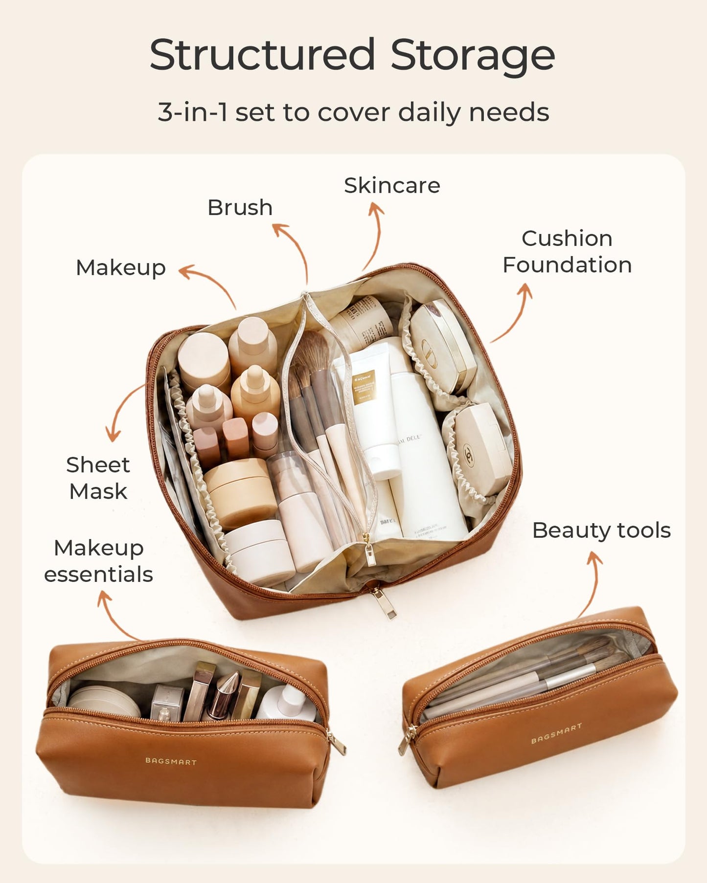 BAGSMART Makeup Bag Travel 3 Pcs Set Cosmetic Bag, Large Make Up Bag Flat Open Toiletry Bag for Women, PU Leather Travel Essentials Organizer Case, Wide-open Pouch for Skincare, Brushes,Classic Brown