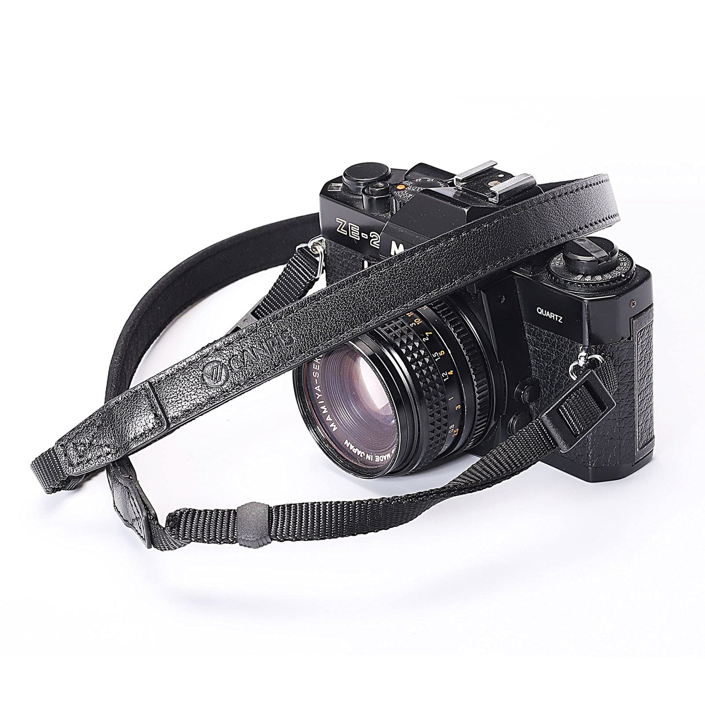 CANPIS CP008 Leather Camera Shoulder Neck Strap compatible with Canon Nikon Leica Fuji Sony Olympus etc. Black Color, Adjustable Length, Slim with Flocking Comfortable Pad