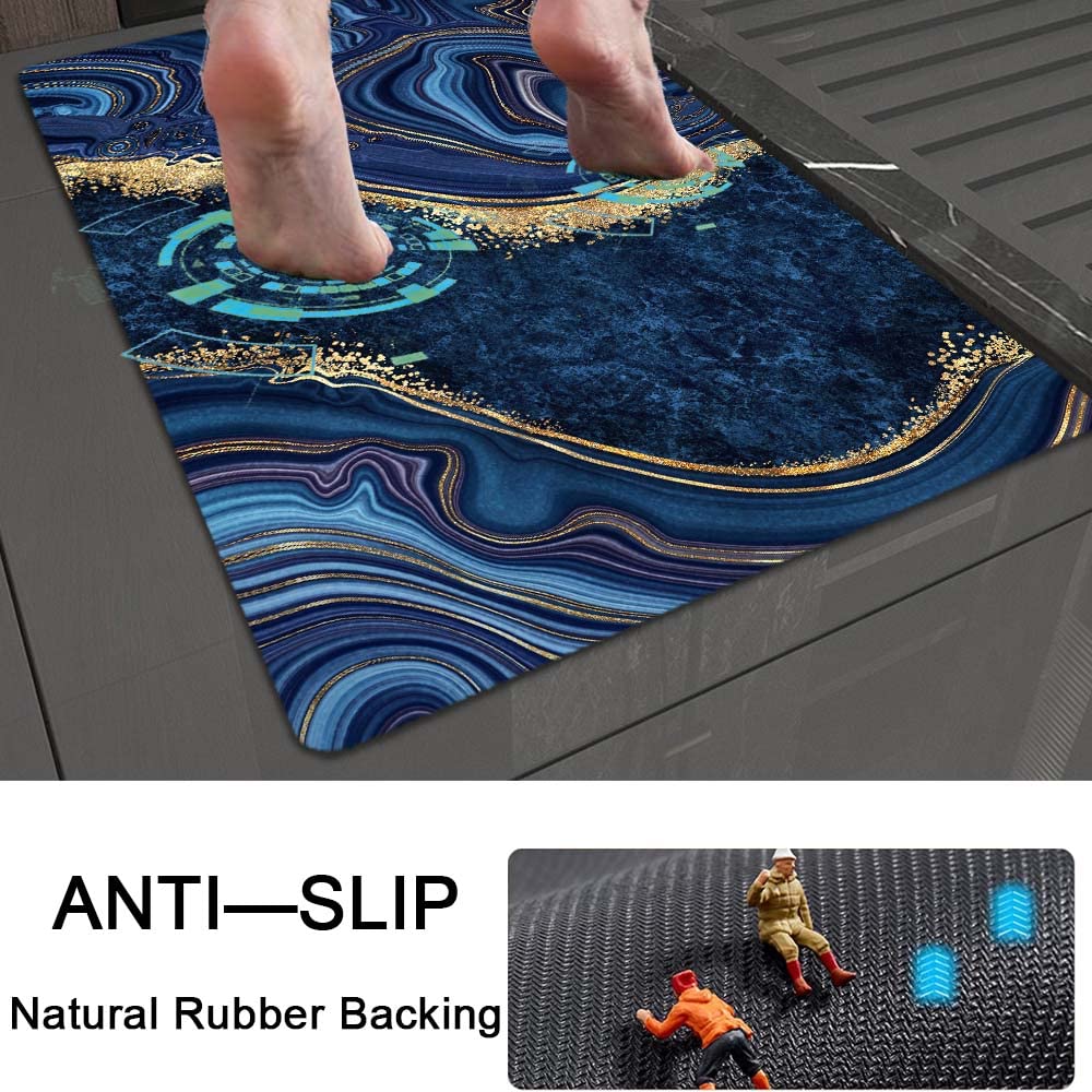 ZHUZHISHAN Bath Mat Rug,Dark Blue Gold Marble Non Slip Quick Dry Super Absorbent Thin Bathroom Rugs Fit Under Door-Easy to Clean Bathroom Floor Mats-Shower Rug for Shower Sink Bathtub(16" x 24"in)
