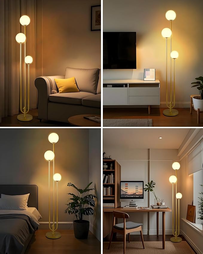 Lightdot 63IN Gold Floor Lamp Dimmable 3-Lights Globe LED Floor Lamps with 3000K Soft Warm White for Wedding/Party Candle Holder Style Tall Lamp for Living Room/Bedroom