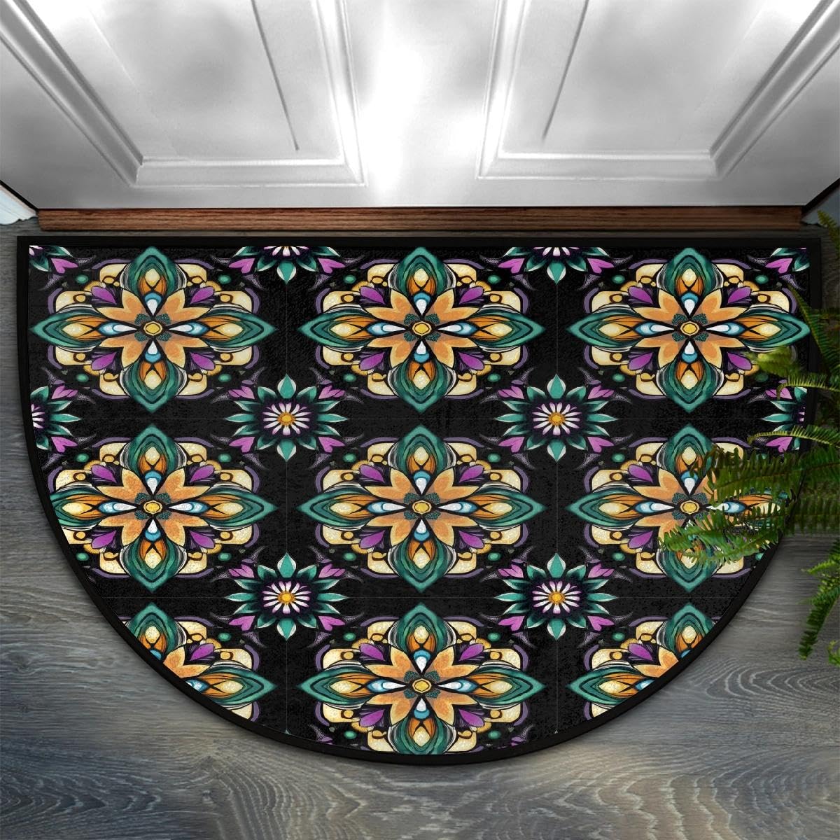 Half Round Door Mat Soft Non Slip Semi Circle Bath Rug with TPR Backing,Mexican Floral Tile Welcome Doormat Entryway Rugs for Front Door Living Room Bathroom,36x24IN