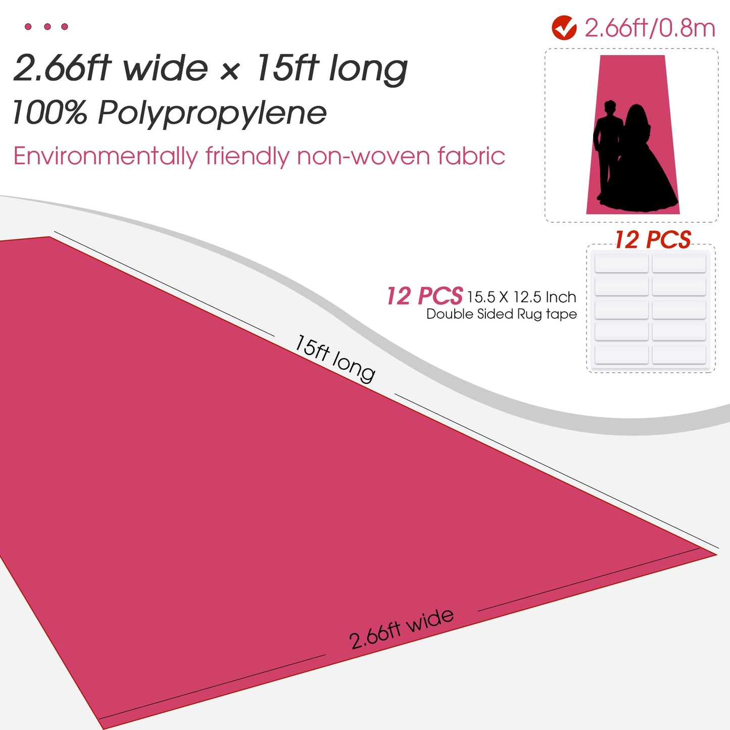 Pink Carpet Runner for Party,140GSM 2.62FTx15FT Carpet Party Decorations,Pink Runway Rug for Prom Felt Non-Woven Fabric,Runner for Wedding Ceremony