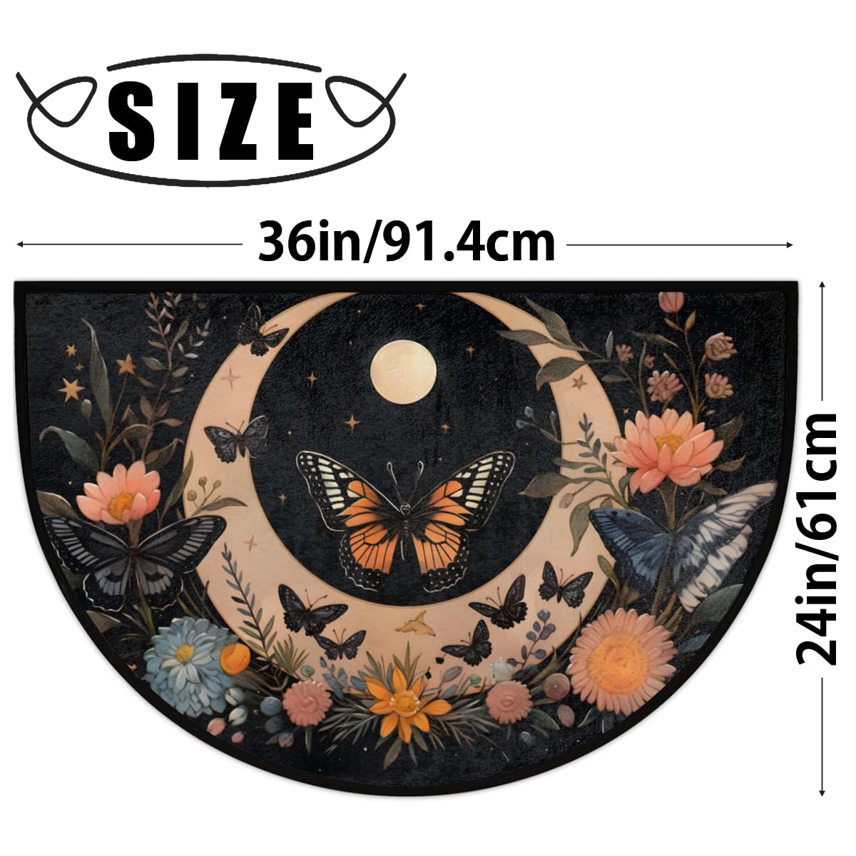 Half Round Door Mat,Art Moon Butterfly Flower Non Slip Absorbent Entrance Doormat,Welcome Mat for Front Door,Low-Profile Semi Circle Floor Mats Area Rugs for Home Kitchen Garage Patio,36" x 24"