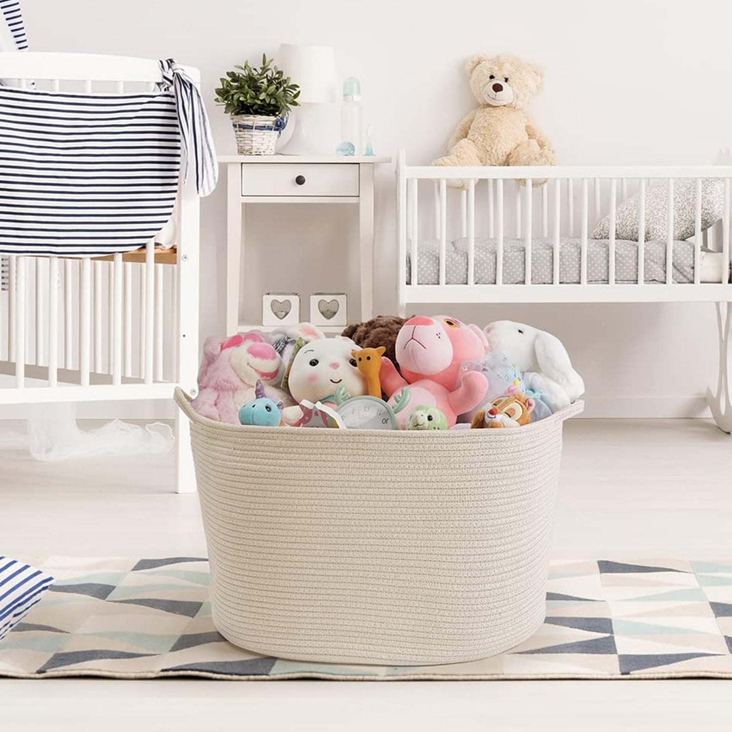 Maliton Extra Large Blanket Basket, Big Woven Cotton Rope Bin for Toys Towels, Pillow Basket with Handles, 22" x 22" x 14" Nursery Laundry Hamper, White Large Storage