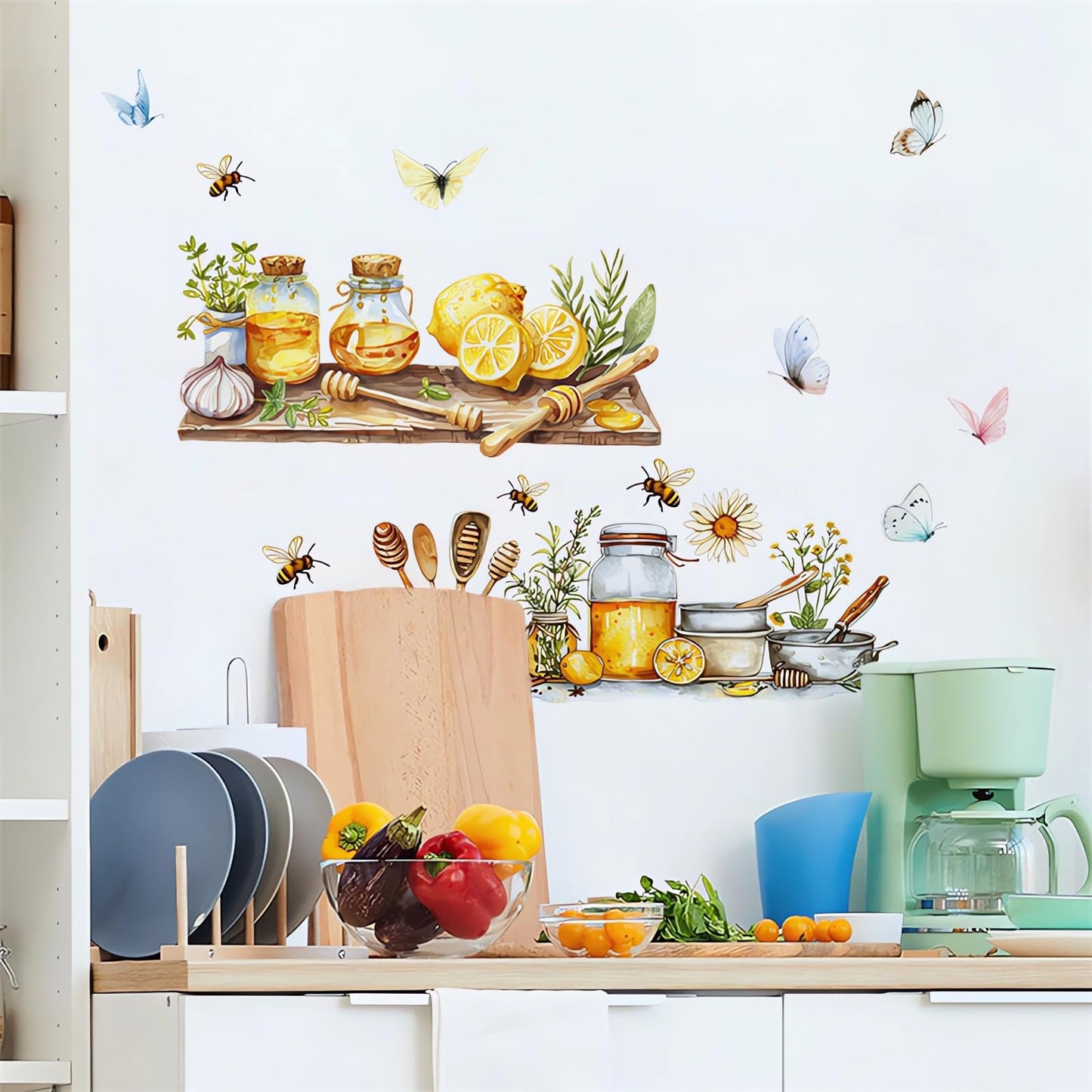 Lemon Honey Bee Butterfly Kitchen Wall Stickers, sacinora Kitchenware Utensil Shelf Yellow Fruit Wall Decals Removable Vinyl Peel and Stick Kitchen Dining Restaurant Bar Home Decorations
