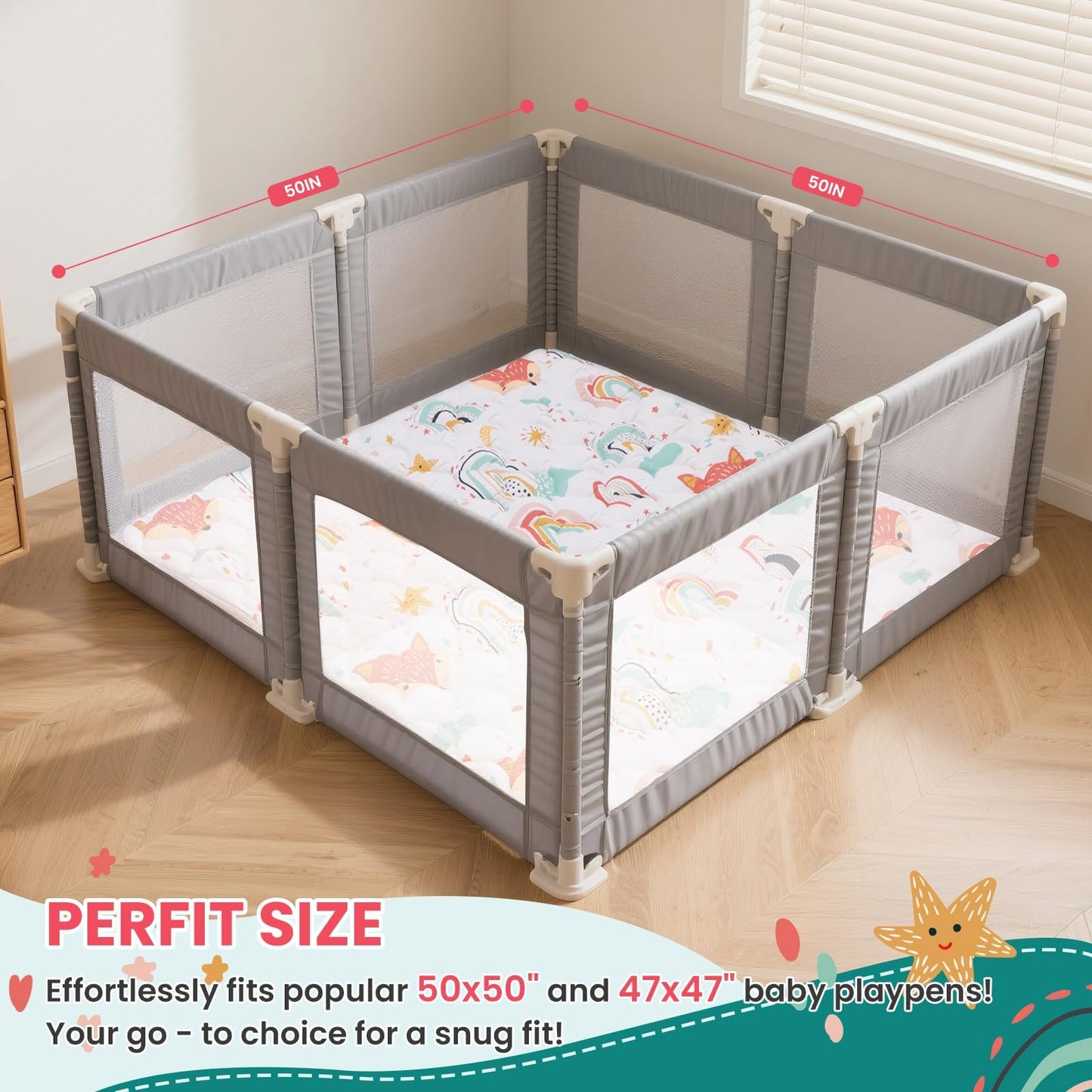 Duwenem Baby Play Mat for Floor,50x50 Inch Soft Padding Crawling Mat for Playpen, Foldable and Machine Washable, Thick for Babies & Toddlers,Rainbow Fox