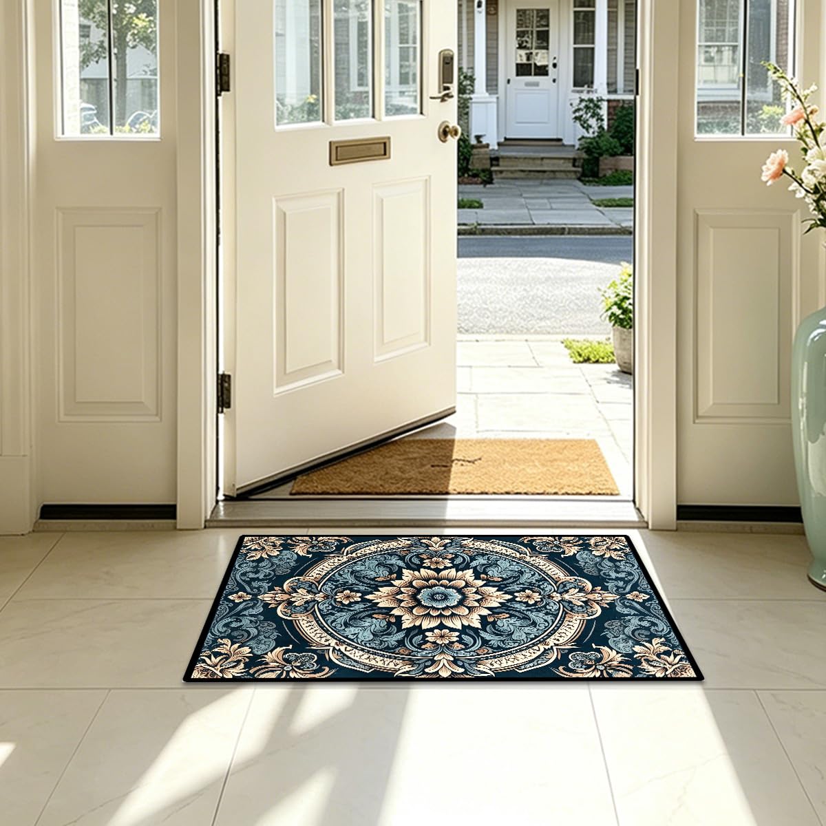 Washable Corridor Runner Rug, Non-Slip Hallway Rug with Upgrade Rubber Backing, Stain Resistant Faux Wool Distressed Carpet for Bedroom Kitchen Laundry Corridor Balcony (Navy Blue‌, 35.4" x 23.6")