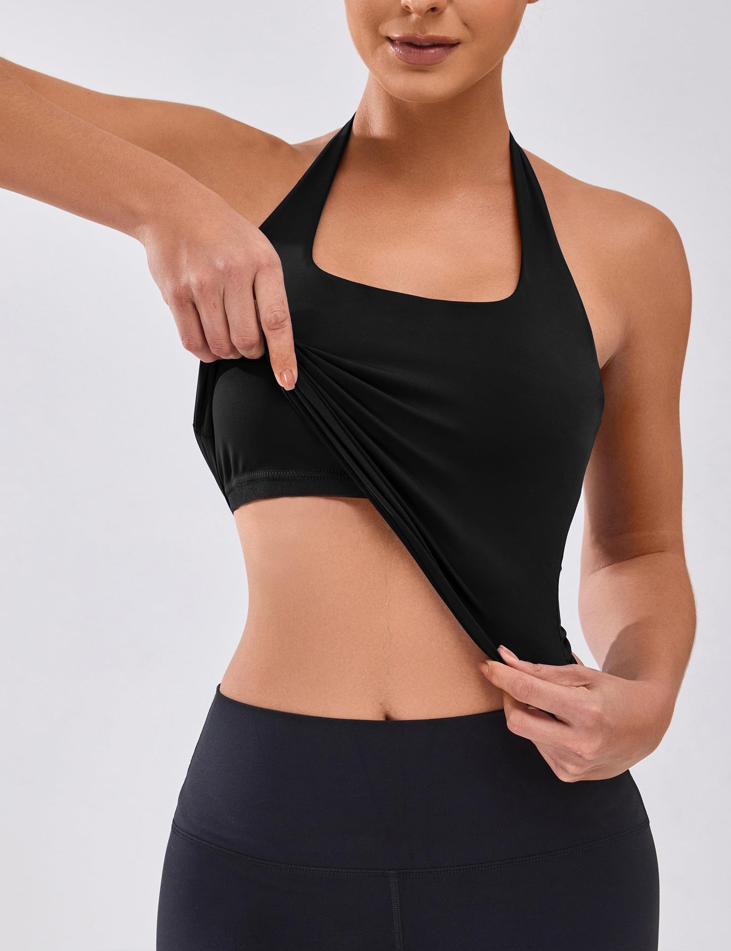 BMJL Built in Bra Tank Tops for Women Halter Workout Sports Tops Buttery Backless Strappy Gym Crop Tops（L, Black）