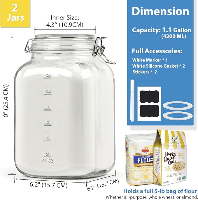 1 Gallon Wide Mouth Glass Jars with Airtight Lids, Large Glass Storage Containers with Lids, 4200 ML Mason Jars with 2 Scales - Canning Jars with Large Capacity, Canister for Pet Food, 2 Pack