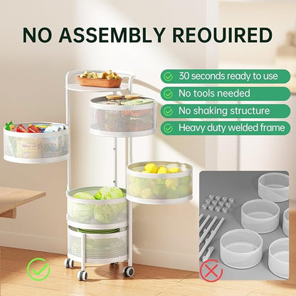 JAQ No Assembly 5-Tier Kitchen Storage Cart with Wheels, Rotating Produce Organizer for Onion, Potato & Vegetable Storage, Large Capacity Pantry Rack, White