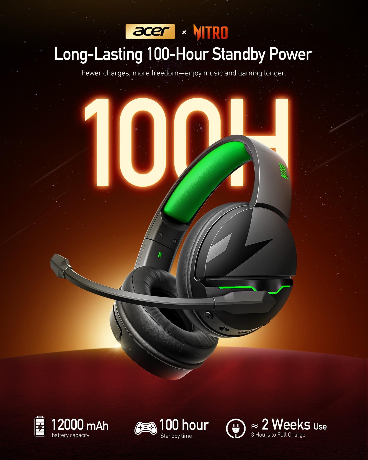 acer Wireless Gaming Headset, PS5 Headset with 2.4GHz for Ps5, Ps4, PC, Switch, Bluetooth 5.3 + 100Hrs Gaming Headphones with Noise Canceling Mic for Laptop, Mobile, Mac, 50mm Drivers (Green)