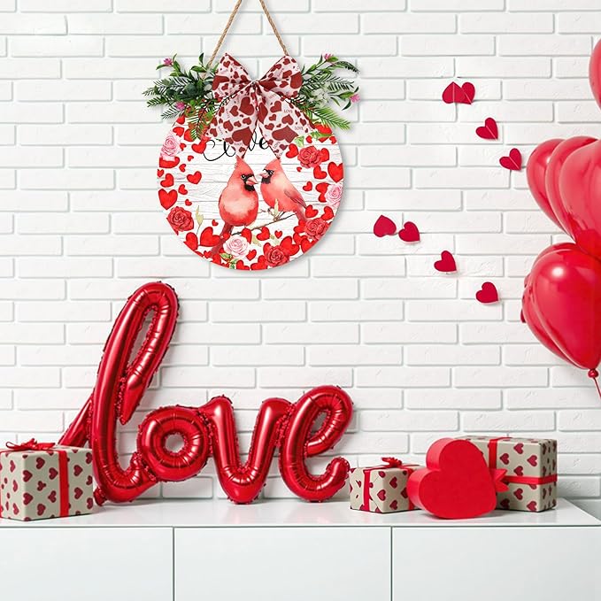 Valentine’s Cardinal Door Sign for Front Porch Farmhouse Love Birds Round Wood Hanging Signs with Hearts Roses and Bow Romantic Rustic Welcome Door Wreath Home Decoration for Couples 12 Inch