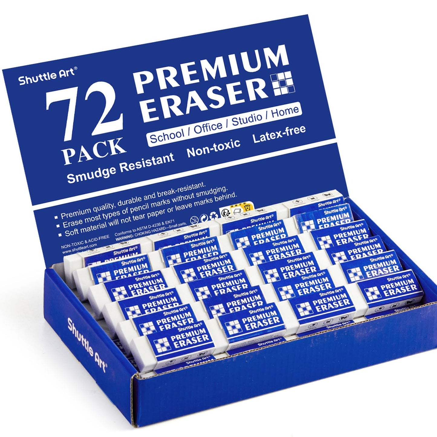 Erasers, Shuttle Art 72 Pack Premium Erasers Bulk, White Eraser Classroom Set for Kids Teachers as School and Office Supplies