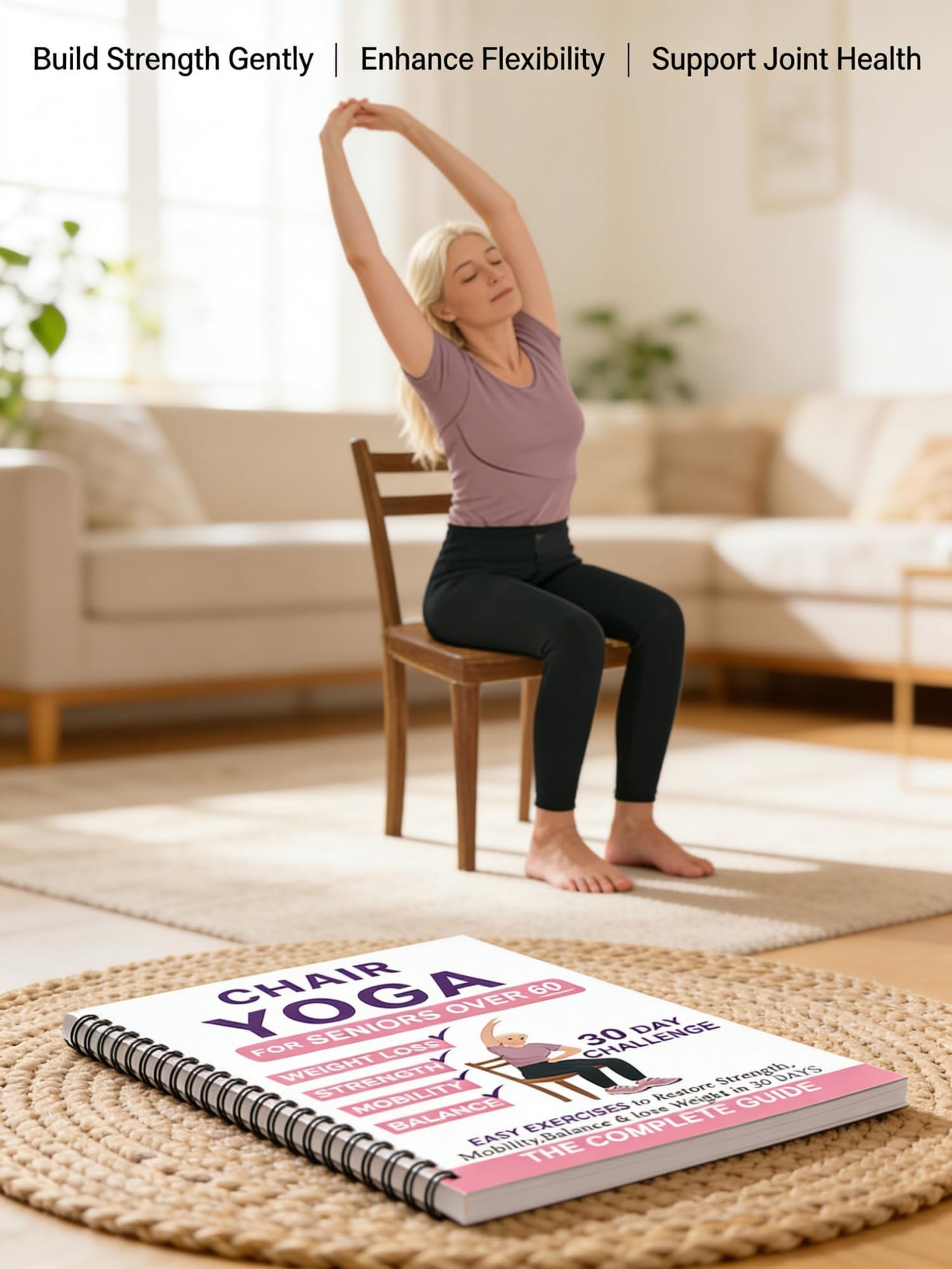 Chair Yoga Book for Seniors, Pink and White Cover Exercise Chart with Gentle Poses, Chair Workouts for Weight Loss and Balance for Elderly Beginners
