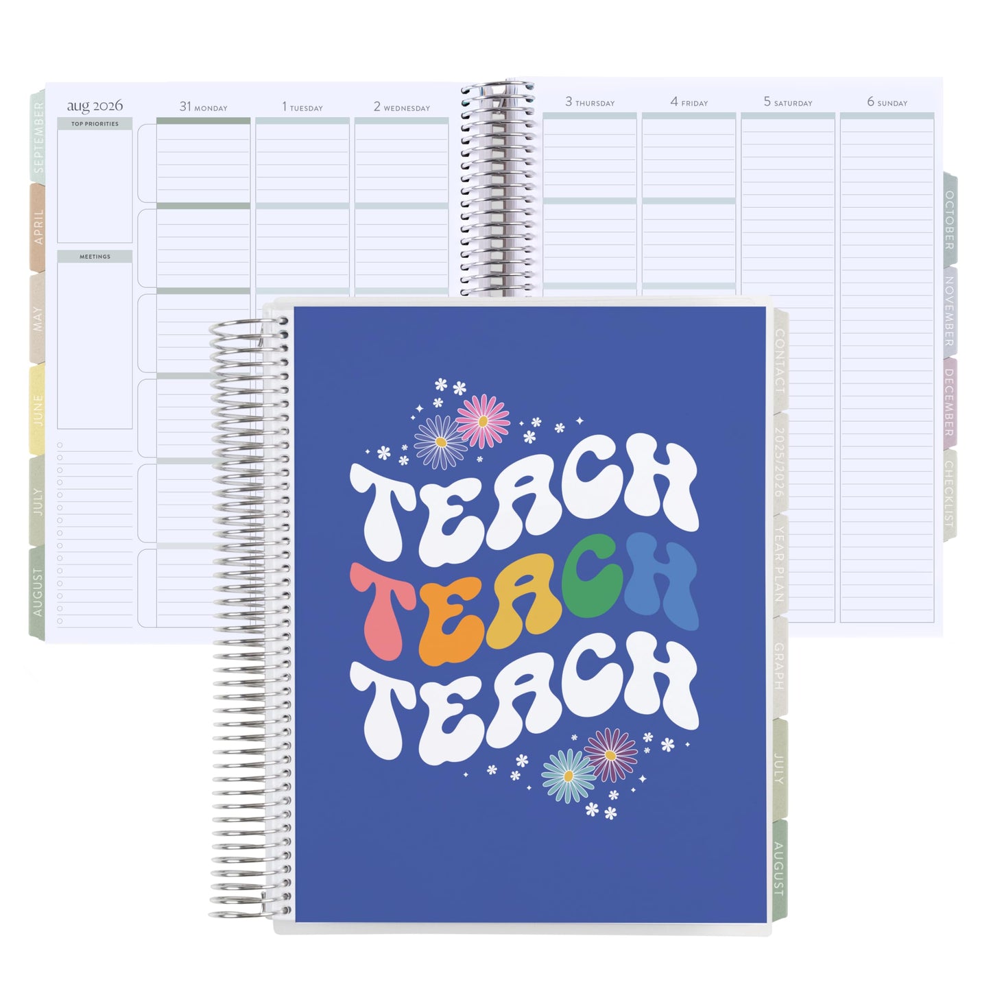 8.5x11 Coiled Teacher Lesson Planner (January 2026 - December 2026) - Teach classic cover, vertical layout, Pastel Minimal theme, platinum coil
