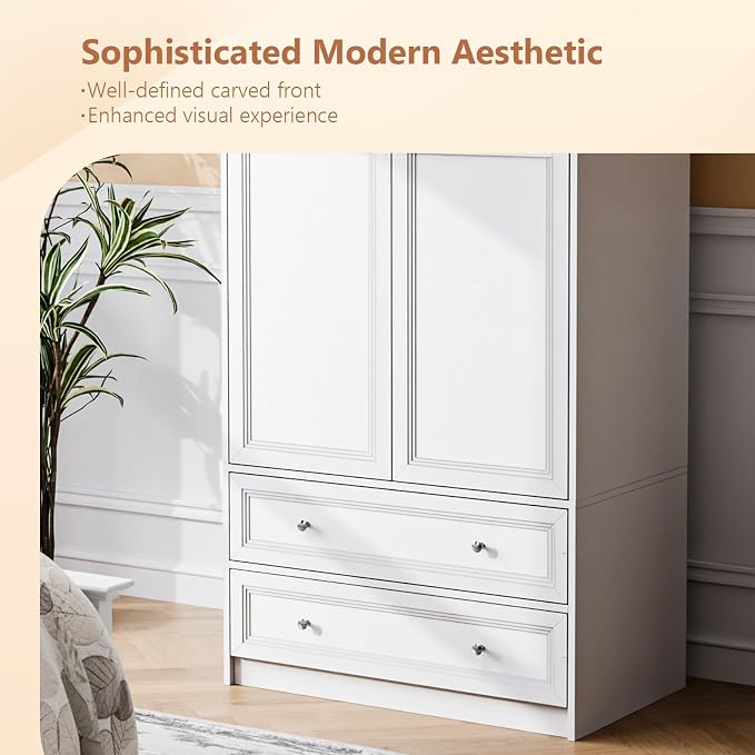 VINGLI Wooden Armoire Wardrobe Closet, 72" H Wardrobe Cabinet Closet, Freestanding Clothing Storage Cabinet, Wooden White Bedroom Armoire, Combination for Hanging Clothes
