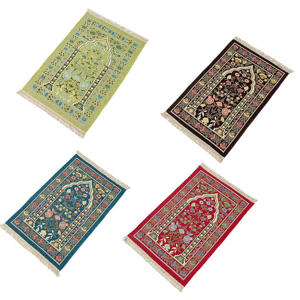 Muslim Prayer Mat Thick Islamic Turkish Chenille Praying Rug Portable Kneeling Rug, Vintage Floral Leaves Pattern Woven Jacquard Tassel Blanket