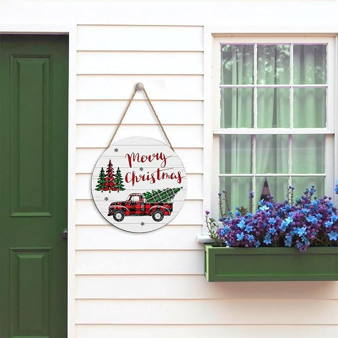 Merry Christmas Door Sign,ChristmasTree Decorations Wooden Holiday Hanging Sign for Front Door, Winter Decorations for Home Garden Christm New Year 12"x12"