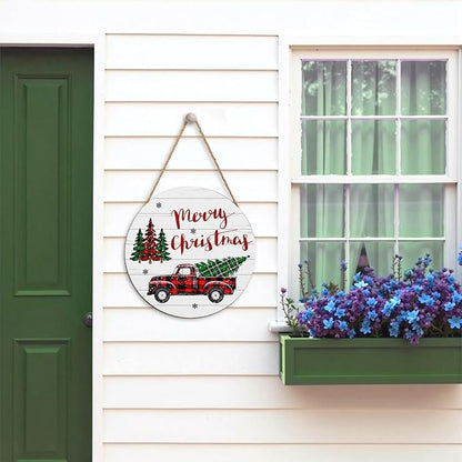 Merry Christmas Door Sign,ChristmasTree Decorations Wooden Holiday Hanging Sign for Front Door, Winter Decorations for Home Garden Christm New Year 12"x12"