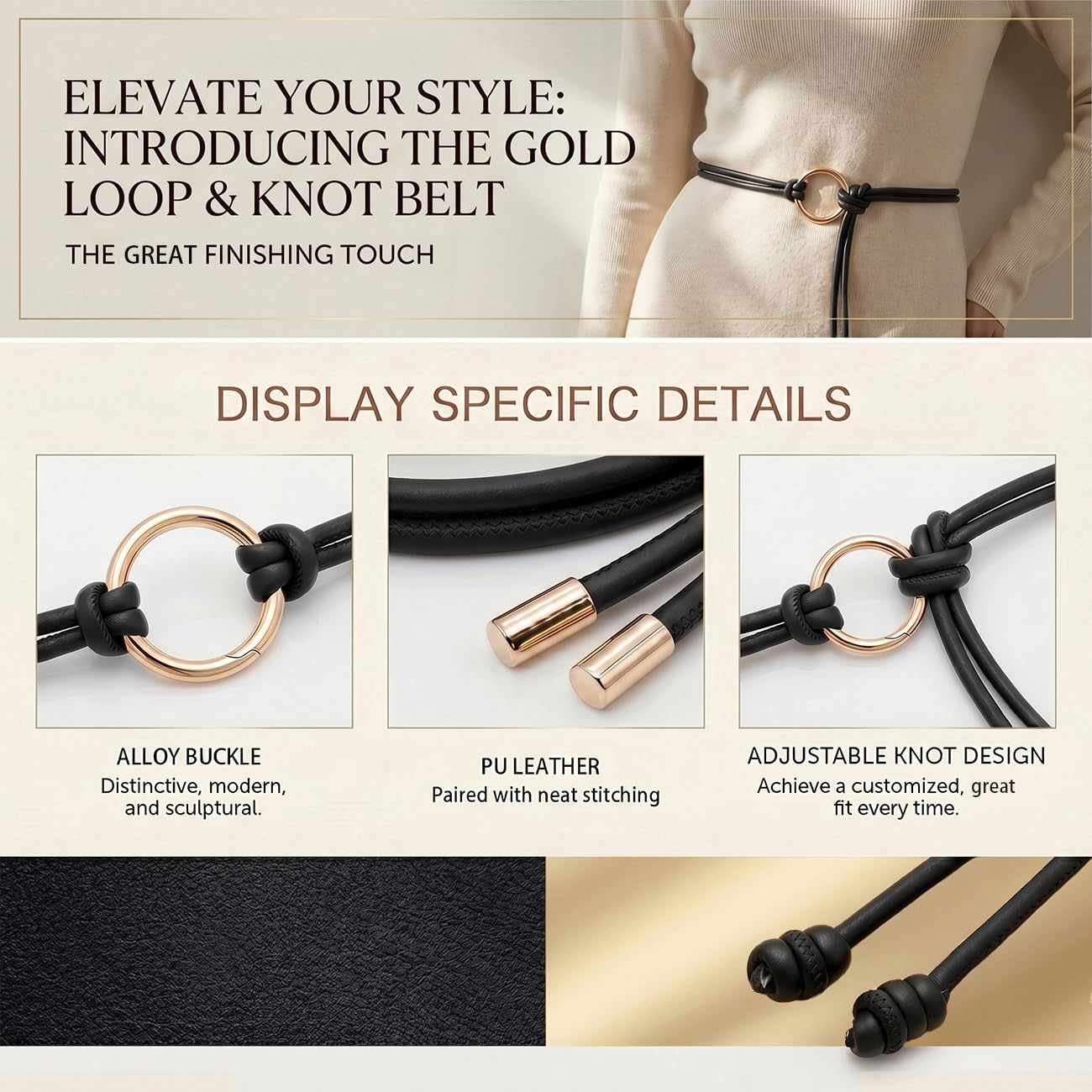 BAOKELAN Women Skinny Thin Belts PU Leather Knotted Waist Belt for Dresses Black A 130CM