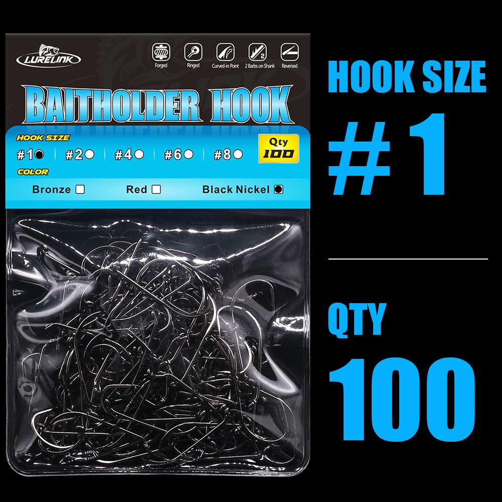 Baitholder Fishing Hooks 100 Pack - Double-Barbed Long Shank for Bluegill Bass Trout Walleye Black/Red, 8/0-#8 (2-Black, Size:1 100-Pack)