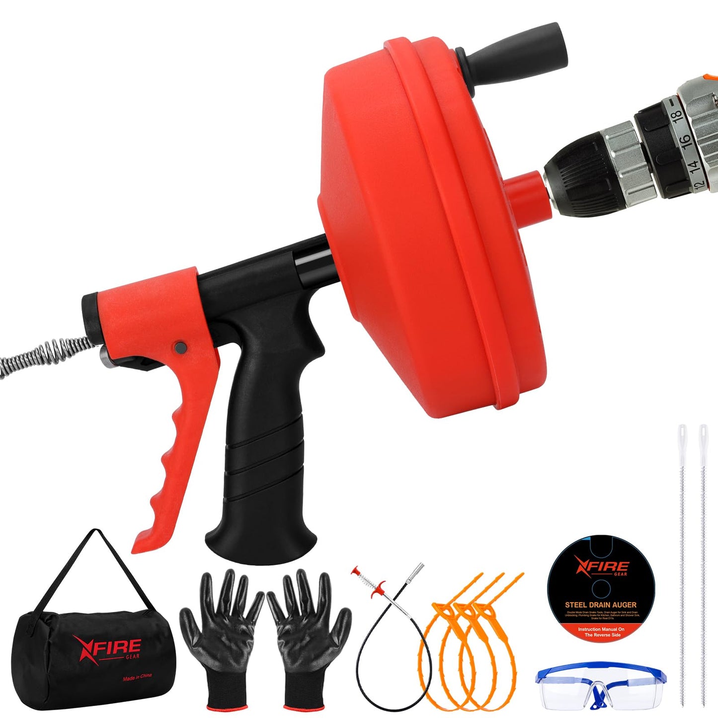 35 FT Double Mode Drain Snake Tools, 11-in-1 Drain Auger for Sink and Drain Unblocking, Plumbing Snake for Kitchen, Bathrom and Shower Sink, Snake for Real DYIs (Red)
