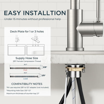 QFN Kitchen Faucet with Pull Down Sprayer Brushed Nickel, High Arc Single Handle Single Level Stainless Steel Pull Out Sink Faucet for Farmouse Camper RV Bar, Fit for 1 or 3 Hole
