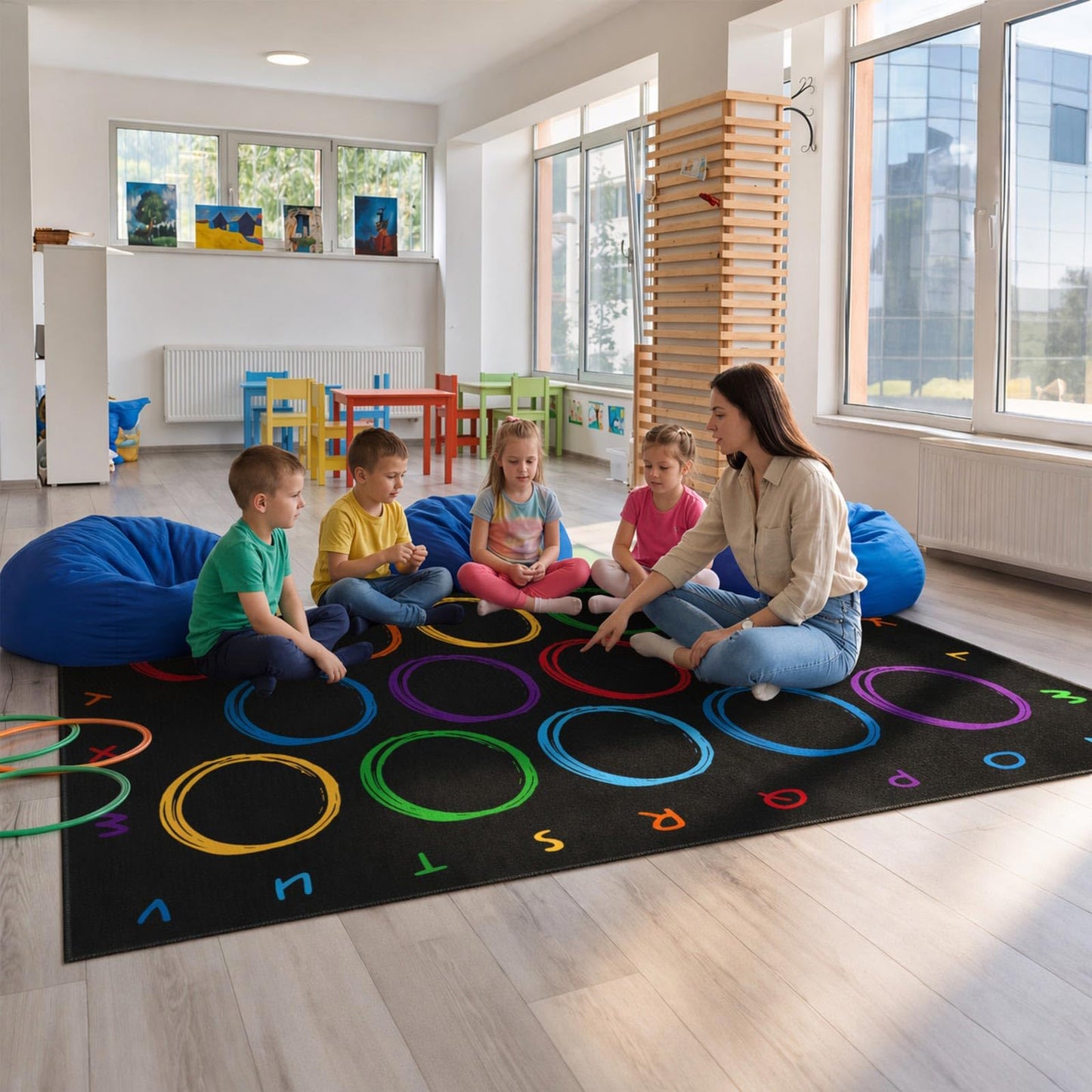 Teenyyou 6.6 x 11.2 ft Classroom Rug with Colorful Circle Elementary Educational Large Area Rug Kids Room Children Classroom Carpet Playroom Learning Preschool School Decor Seating Carpet 14 Seats