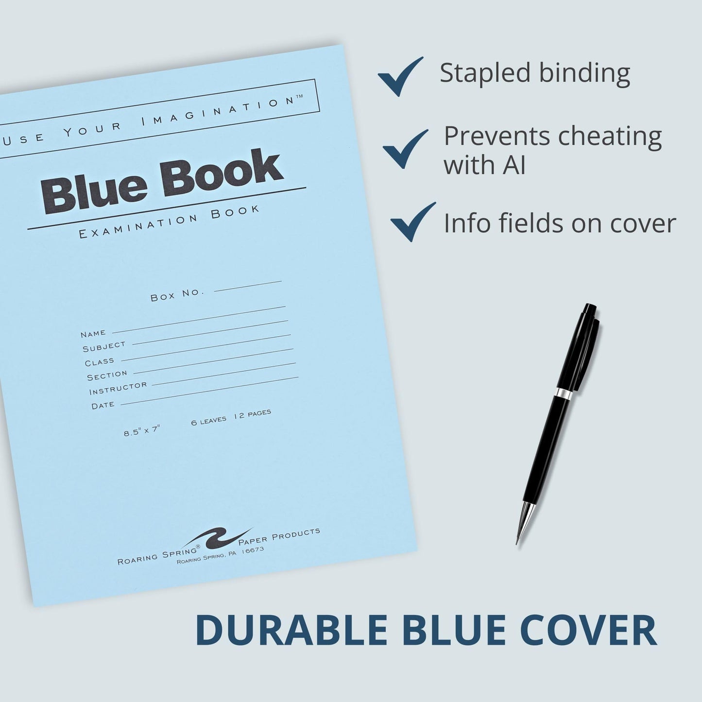 ROARING SPRING Exam Blue Books, 50 School Examination Booklets, 8.5" x 7", 6 Sheets/12 Pages, Wide-Ruled with Margin Student Testbook, Made in USA