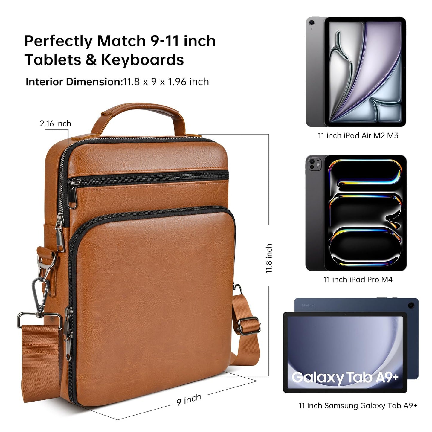 11 inch Leather iPad Bag for 2026 iPad Pro 11 M4 M5 & Air 11 M4 M3 with Magic Keyboard, Fire HD 10/Max 11, Protective Travel Sleeve Case Pouch Padded Carrying Bag, Brown