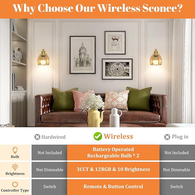 VerRon Rechargeable Battery Operated Wall Sconce Set of Two with Amber Glass Lampshade, Wireless Wall Scone Decor with Remote Control, 15 Colors Gold Wall Light for Bedside Hallway Bedroom Doorway