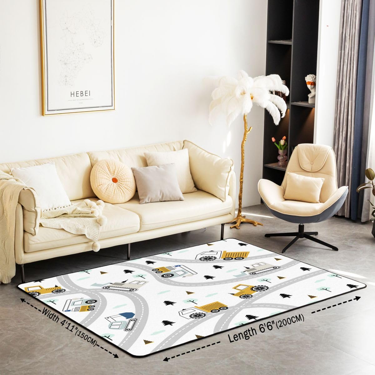 Construction Area Rug 5x7 Kids Equipment Trucks Decorative Carpet Set for Boys Teens Downtown Road Living Room Rugs Construction Vehicles Grey Yellow Indoor Floor Mat Room DecorAccent Rug