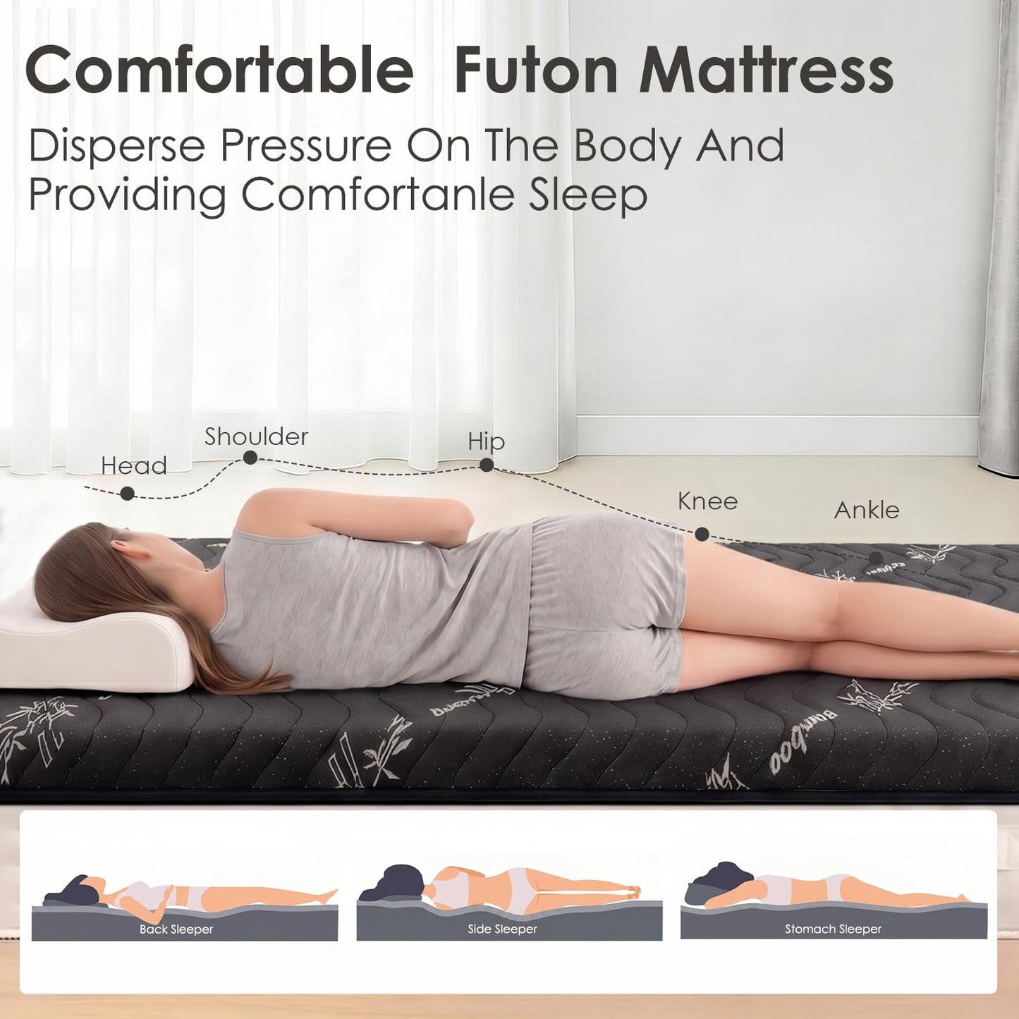 Japanese Floor Mattress Viscose Derived from Bamboo, 100% High Density Foam, 3.5" Thicken Cooling Foldable Futon Mattress Tatami Mat, Roll Up Floor Bed for Guest Room Bedroom RV, Black, Twin