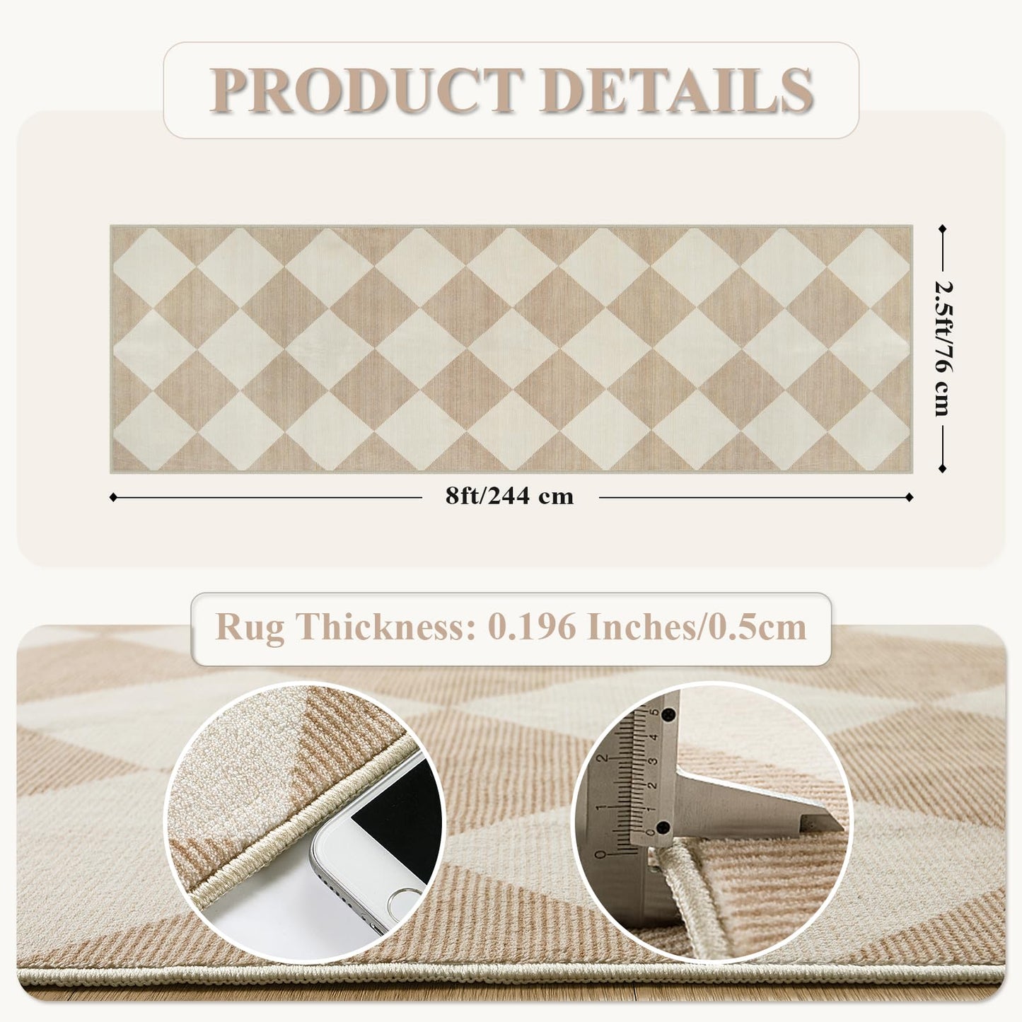 Beeiva Checkered Print Rug Runners for Hallways Non Slip 2.5x8, Ultra Thin Beige Kitchen Runner Rugs Non Skid Washable, Classic Neutral Gingham Decor Faux Wool Carpet for Bathroom Bedroom Entryway
