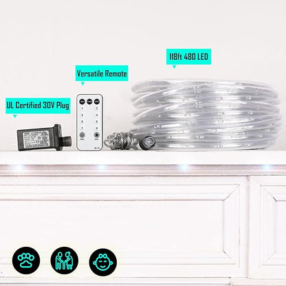 118 FT 480 LED Rope Lights for Outside, 0.45IN Dia. Rope Light Plug in Waterproof Outdoor String Lights for Garden, Tree, RV, Patio, Holiday Decoration, Party (Cool White)