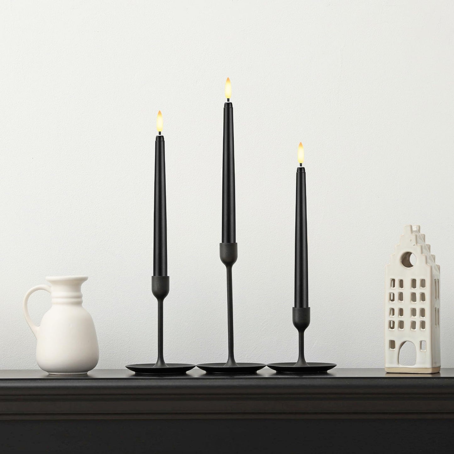 Baquler 50 Pcs Black Flameless Taper Candles 8.5 Inch, Battery Operated Taper Candles LED Warm 3D Wick Flickering Candlesticks for Church Wedding Home Decor Halloween Christmas Hanukkah New Year