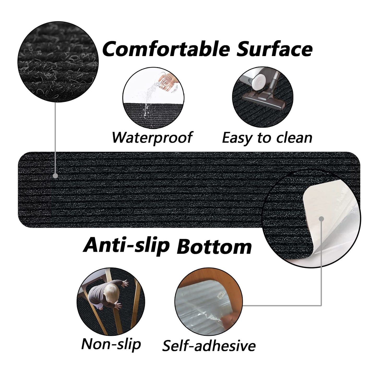 Lacut Non-Slip Stair Treads, 7.8" X 30" (15-Pack) Stair Runner Indoor Outdoor Mat, Black Slip Resistant Stair Tread Mats Step Covers Pads for Elders, Kids and Pets (30" x 7.8", Black)