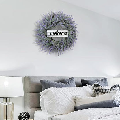 24" Wreath, Spring Wreaths, Artificial Lavender Wreath for Front Door, with Welcome Sign Wreath Hanger, for Spring, Summer, Autumn and Winter, Indoors,Outdoors, corridors, Offices. (Purple)