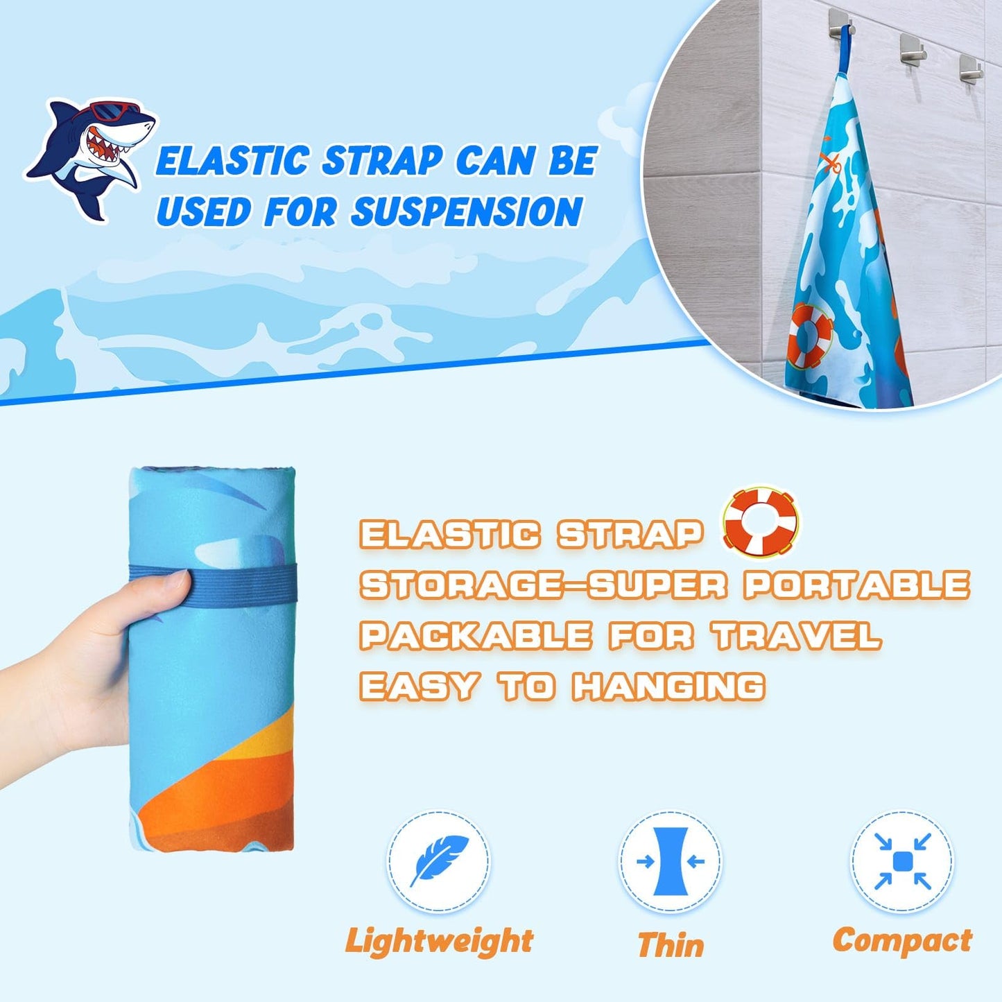 WERNNSAI Shark Kids Beach Towel for Boys, 30”x 60” Microfiber Double-Sided Beach Towel for Kids Quick Dry Sand Free Pool Towel Personalized Toddler Beach Towel Travel Swim Camping Towel