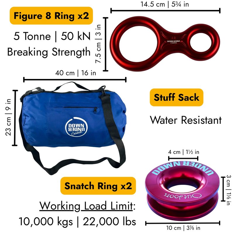 DOWN UNDER OUTDOORS Heavy Duty Game/Log/4x4 Recovery Kit, Deer Drag, 550 ft of 3/8” (23,150 lbs) Winch Rope on Metal Reel, 2 Tree Savers, 2 Soft Shackles, 2 Snatch Rings, 2 Figure 8 Rings, Gear Bag