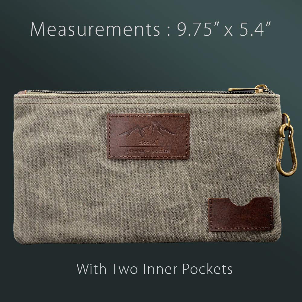 All Purpose Utility Zipper Pouch, EDC Organizer, Water Resistant, Durable Waxed Canvas with Full Grain Leather, Carabiner, Inner Pockets, Office Work Essentials, Charger Case, Pencil Case. Olive.