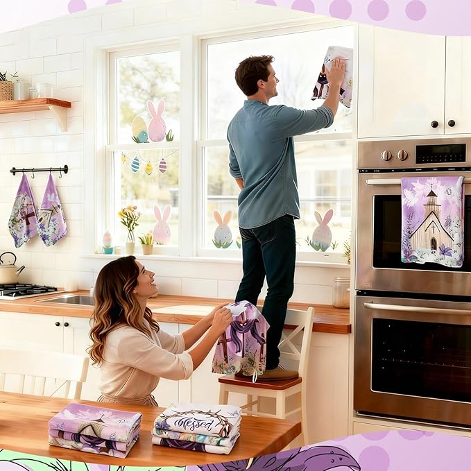 Breling Set of 6 Happy Easter Kitchen Towels Religious Dish Towel Bathroom