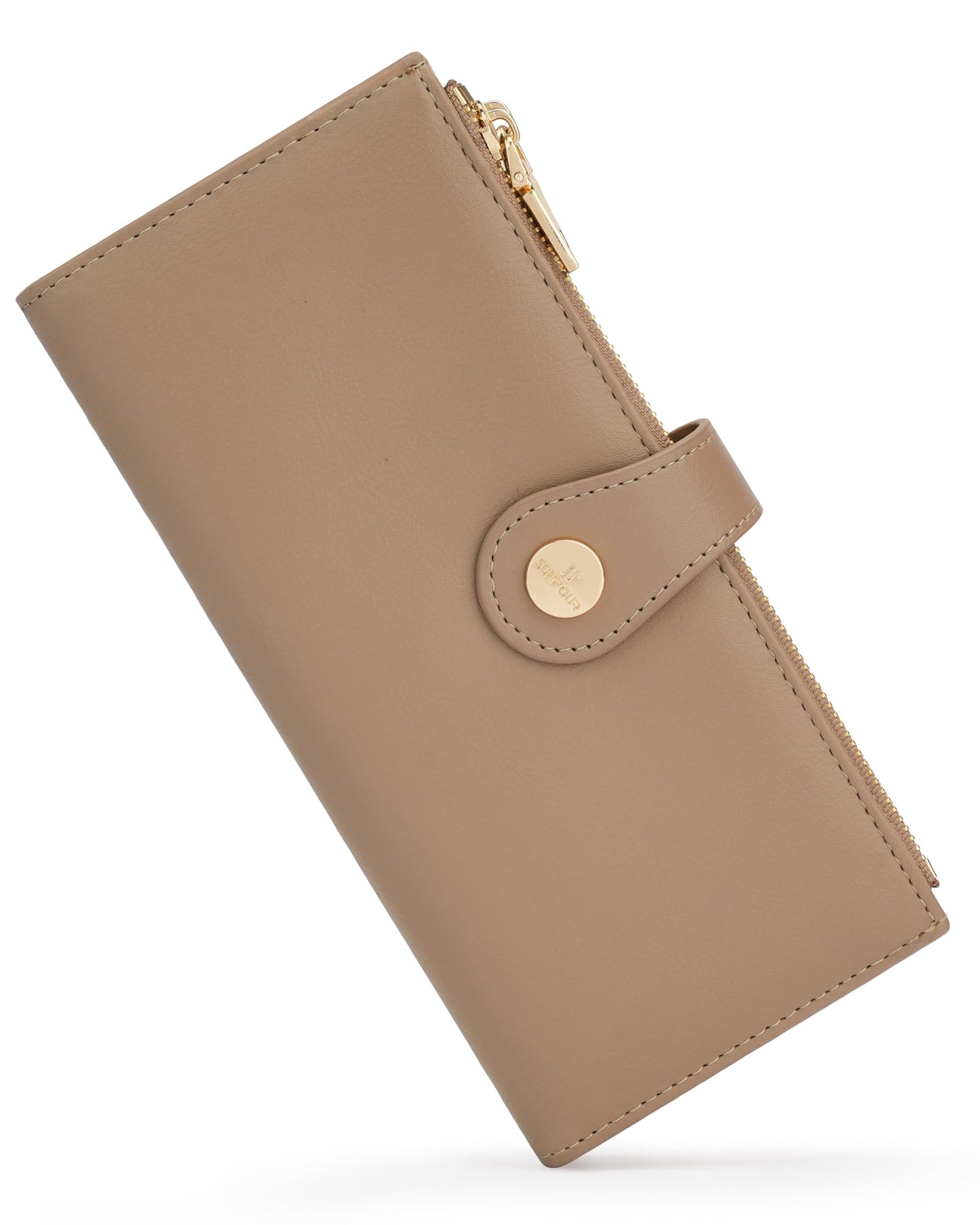 Sunpour Women’s Wallet,Thin RFID Blocking Leather Wallet for Women Credit Card Holder Travel Wallet with Zipper Pocket (Camel)