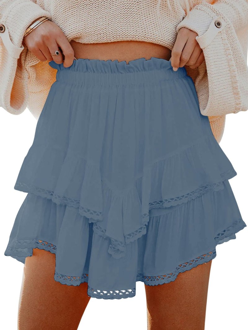 Aoudery Flowy Shorts for Women Casual Boho Ruffle Tiered Skorts High Waist Mini Skirts Golf Tennis Butterfly Crochet Shorts - Denim Blue XL