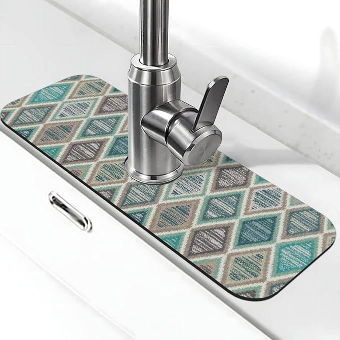 Teal And Brown Boho Style Kitchen Sink Splash Guard Faucet Mat Super Absorbent