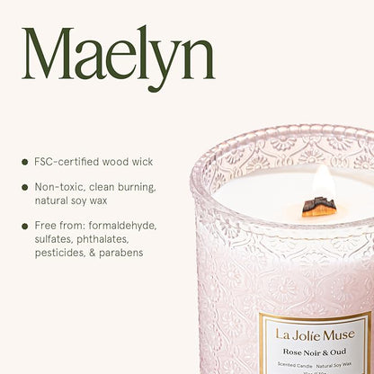 LA JOLIE MUSE Rose Noir & Oud Scented Candle – Lemon, Rose & Oud |19 oz Large Wooden Wick Candle | Natural Soy Wax | 90 Hours Clean Burn | Gift-Ready for Hosts & Gatherings | Elegant Home Décor