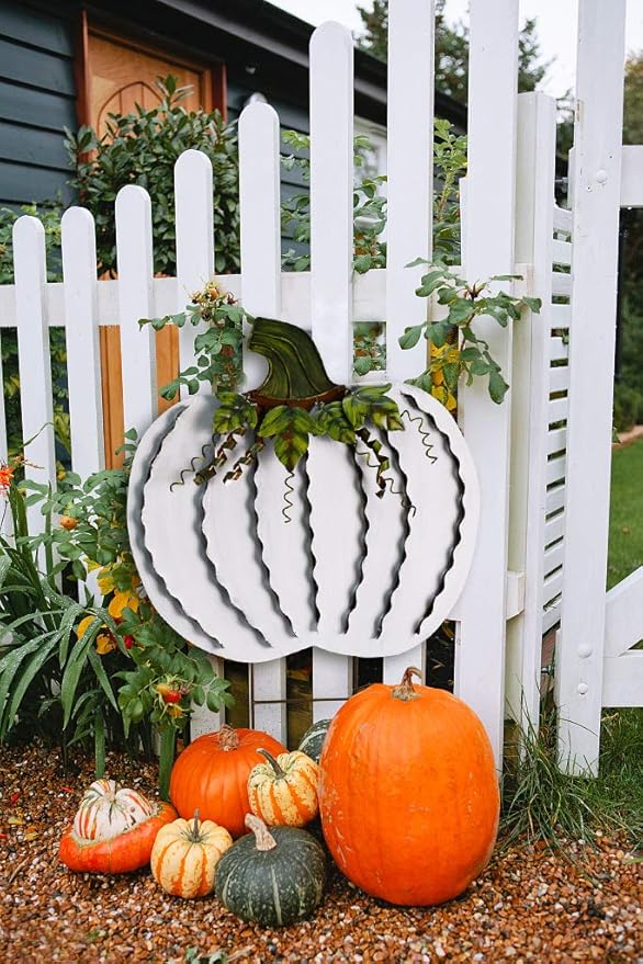 Metal Pumpkin Stakes Yard Signs Fall Decor Decorative Garden Stake Lawn Pumpkins Ornaments Outdoor Autumn Decoration for Harvest Halloween Thanksgiving (26" H White)