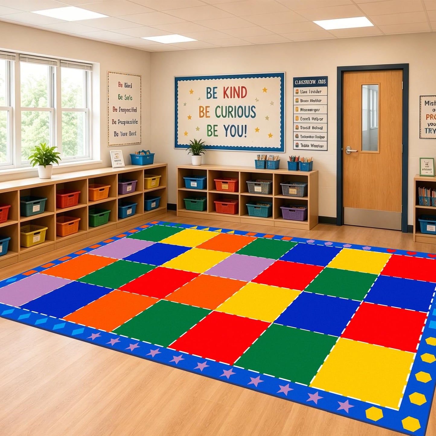 MAISONRINA Large Classroom Rugs Elementary 7'7''x13',Daycare Rugs with Colorful Blocks,Classroom Rug with Seating Spots for Preschool Kindergarten,Kids Rug for Playroom & Kids Room - Seats 28